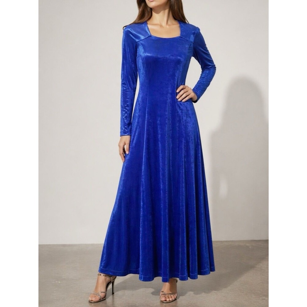 Vintage Frederick’s of Hollywood Blue Velvet Maxi Dress Medium Long Sleeve USA